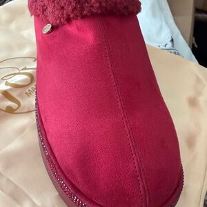 Joy Mangano Red Suede Slippers with Fur Trim
